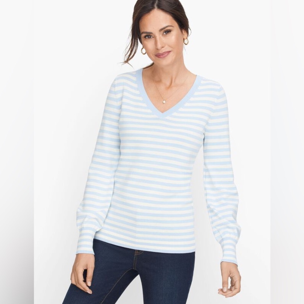 Talbots Striped Cotton V Neck Bishop Sleeve Sweater Size XS Coastal